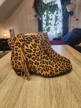 Volatile Leopard-Print Ankle Boots in Tan and Black with Tassel